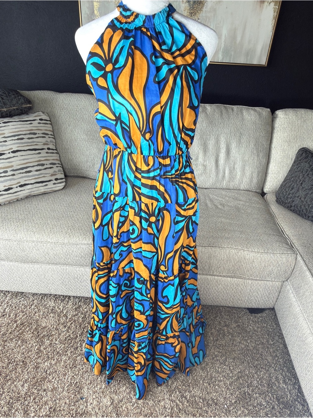 Zara Blue & Orange Halter-Style Printed Maxi Dress
